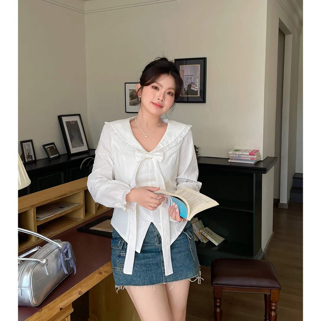 大码胖mm蝴蝶结衬衫女设计感上衣2025春季新款气质法式白色衬衣