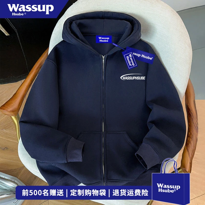 WASSUP HSUBE 秋冬季ins百搭藏青色外套原创字母印花拉链开衫卫衣