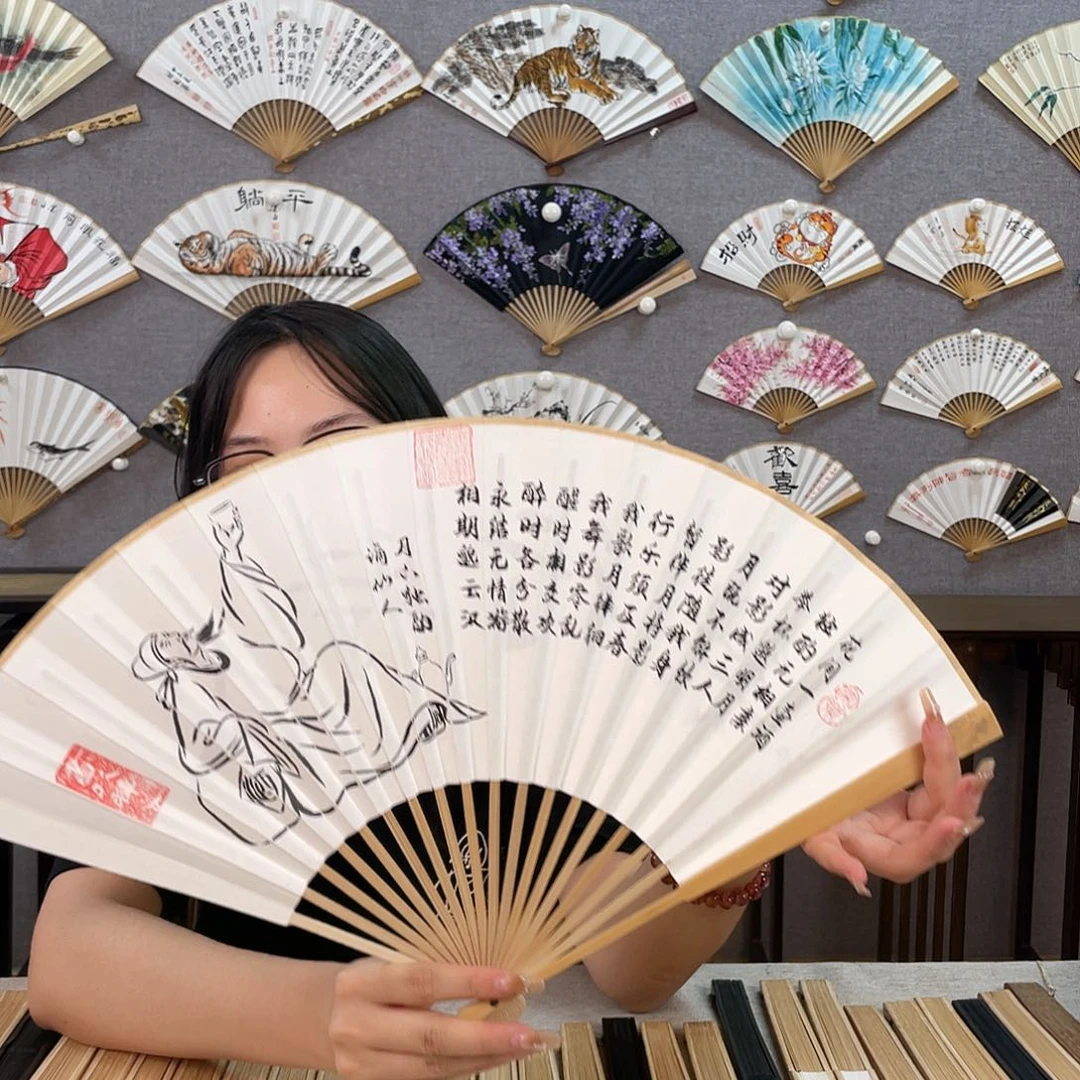 国画95寸玉竹-纯手绘-文玩扇骨（默认粘好）