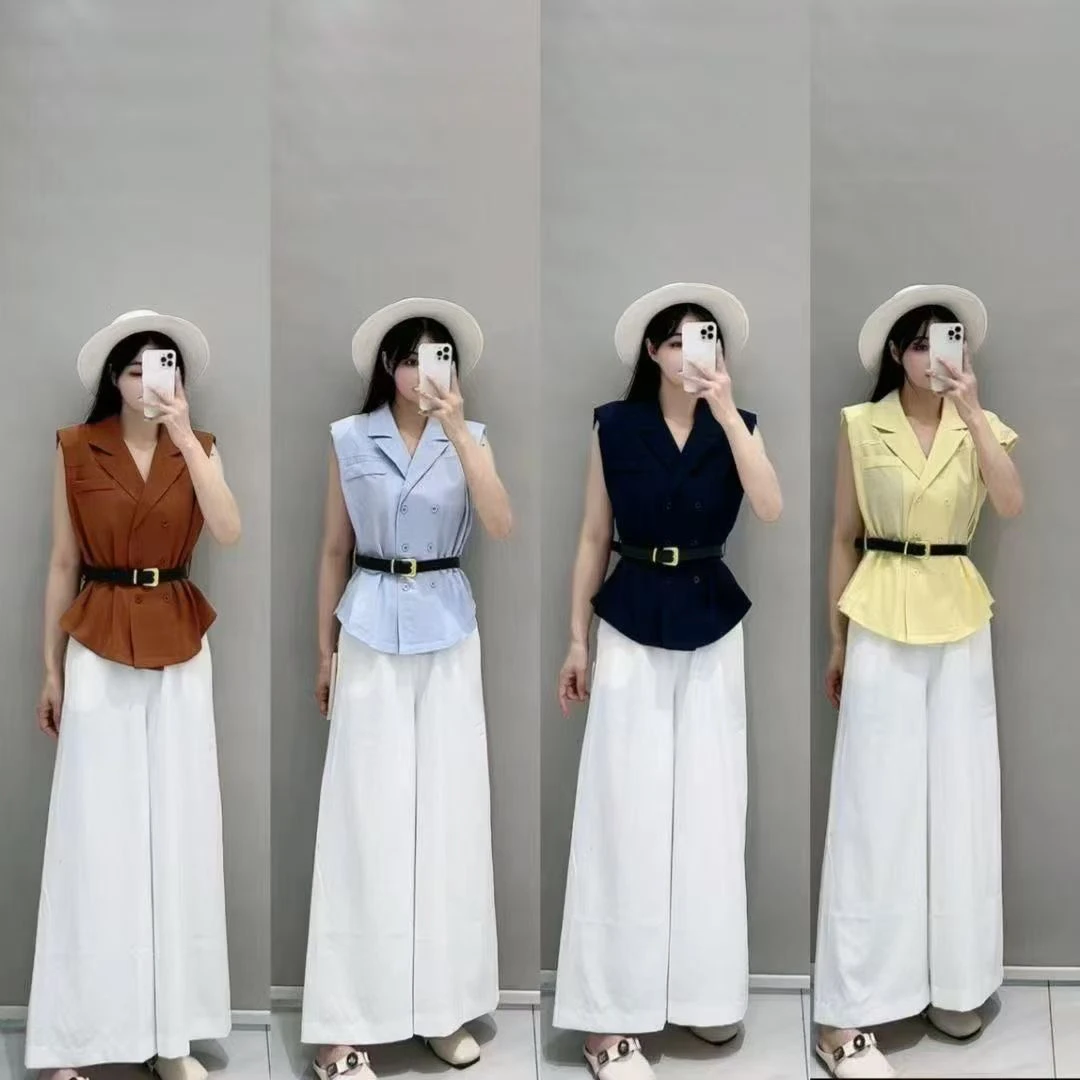 夏季新款无袖收腰衬衫搭配高腰阔腿裤时尚气质套装夏装