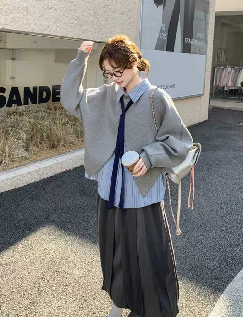 大码女装秋季韩系ins休闲风日系百搭衬衫外搭半身裙三件套带领带