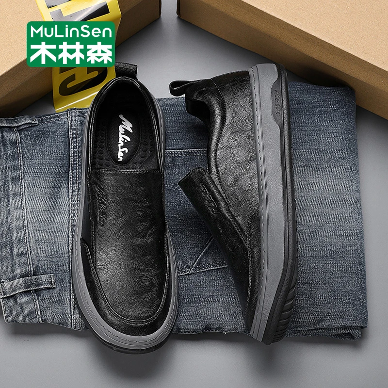木林森男鞋2025新款商务休闲黑色男士皮鞋厚底耐磨一脚蹬乐福鞋