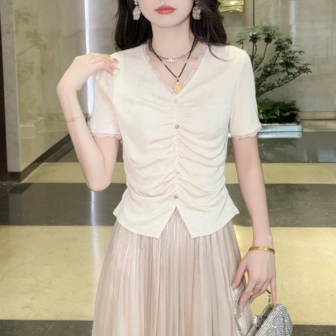 蔡小姐2025夏季新款时尚蕾丝花边开叉女上衣T恤