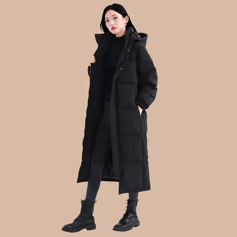 羽绒服男女加厚超长款过膝中戏校服连帽黑色宽松白鸭绒艺考外套