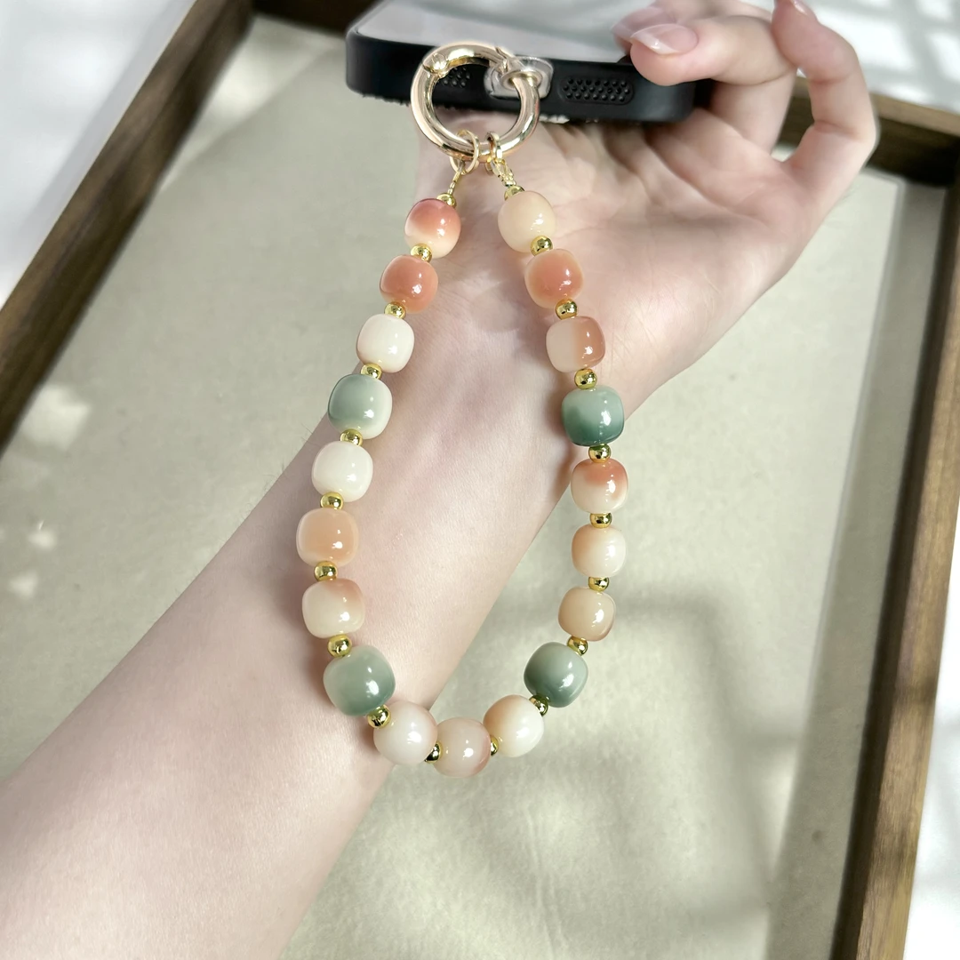 【菩提蜜桃】粉色菩提根渐变创意个性通用挂件手机链防丢女款手工