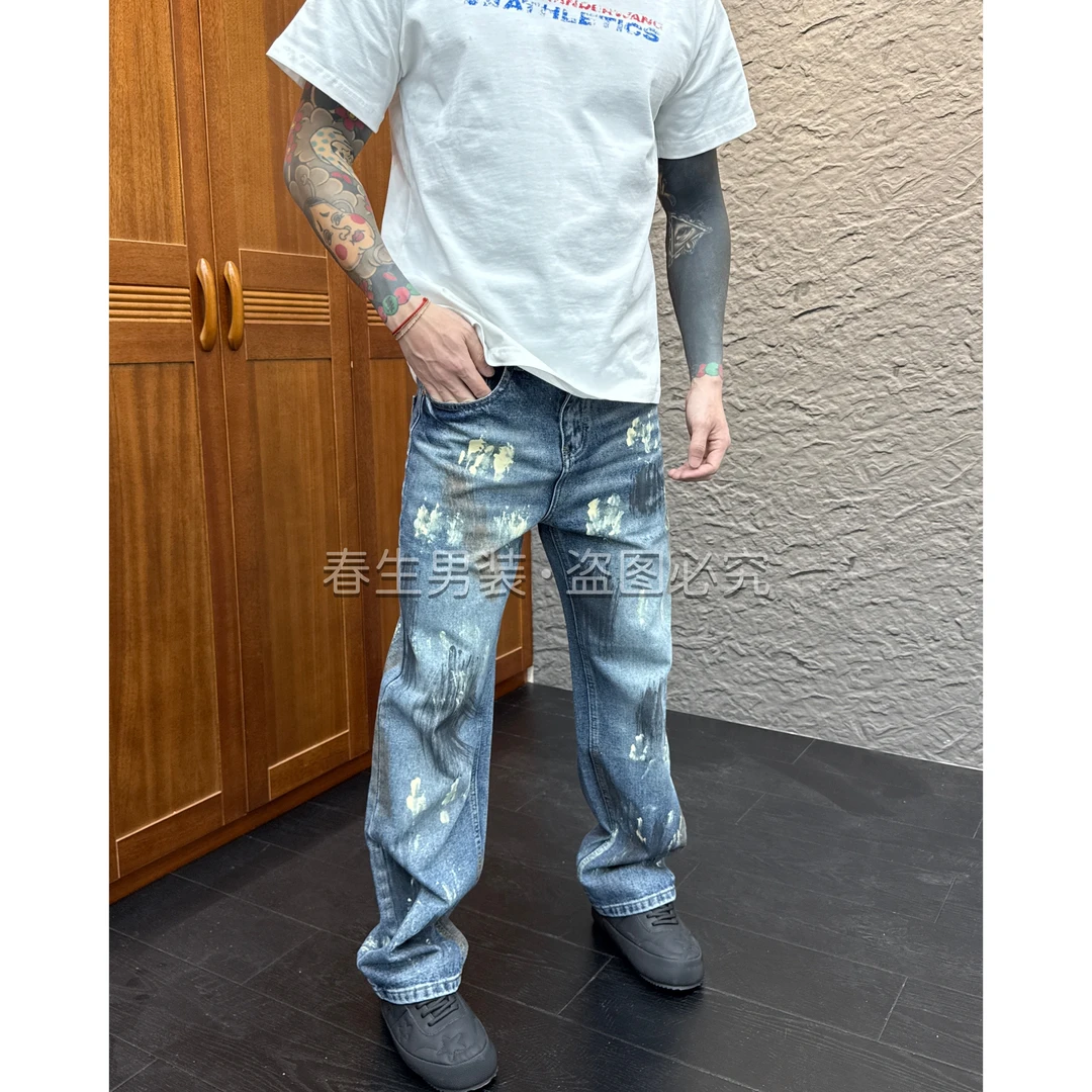 2025秋冬新款时尚休闲百搭手绘涂鸦男士直筒宽松牛仔裤1753