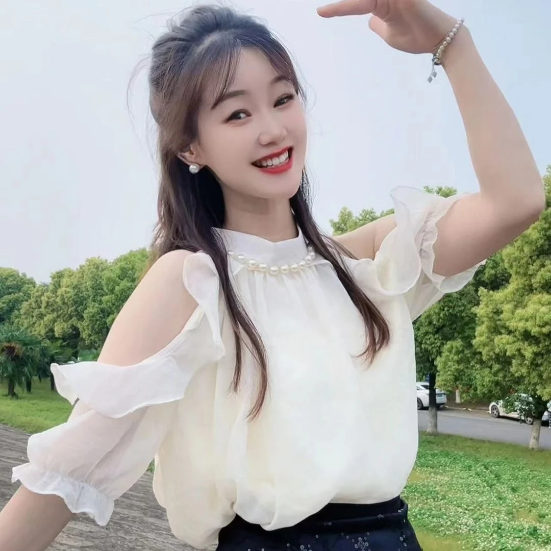 法式优雅风露肩珍珠挂脖雪纺短袖衬衫女夏季新款时尚气质百搭上衣
