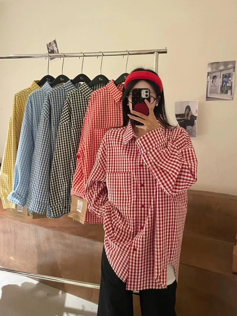 2025春季新款韩版宽松大码胖mm休闲慵懒风复古长袖格子衬衫