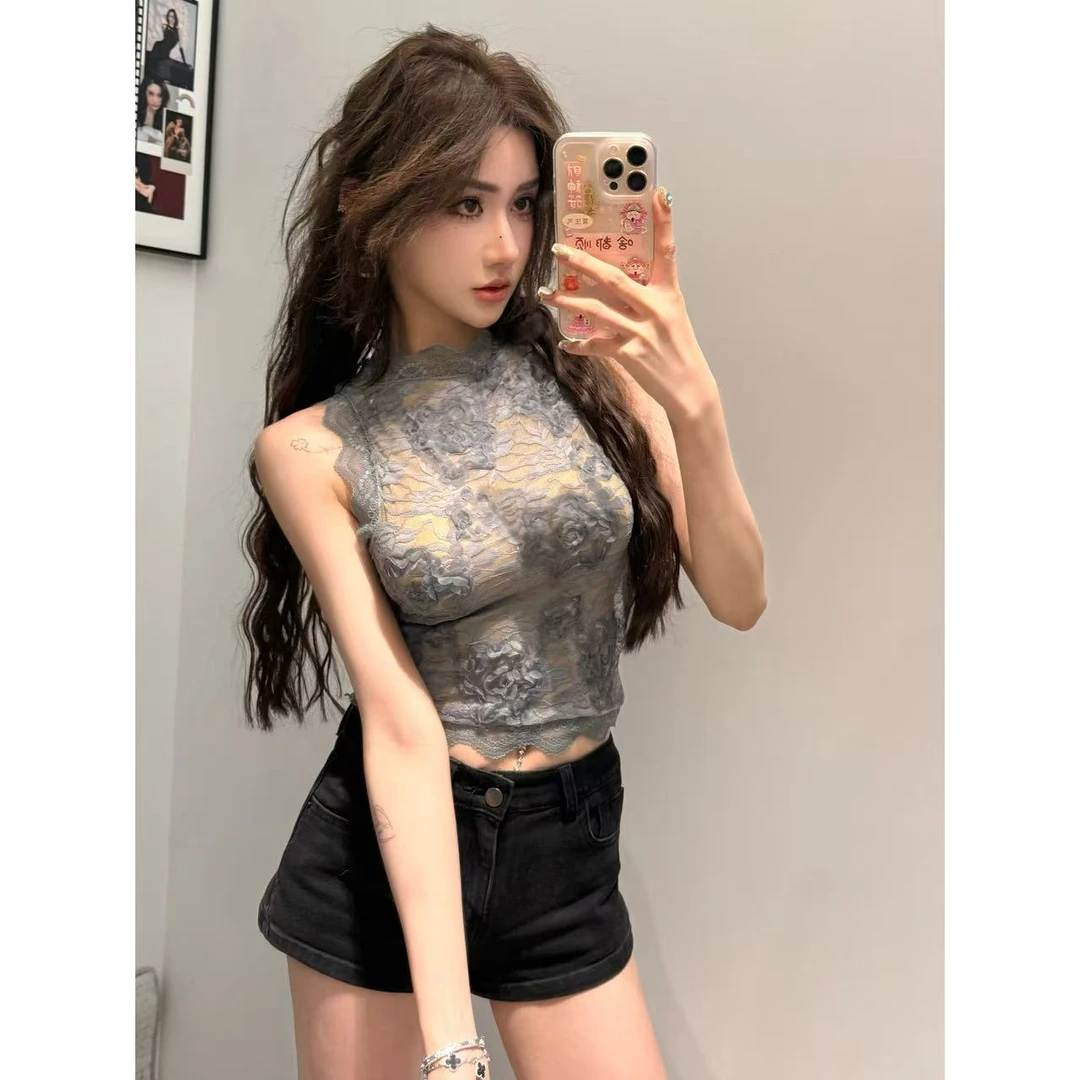 （浠儿姐姐）熟女风蕾丝盘花一字领无袖上衣夏季修身名媛风短款背心