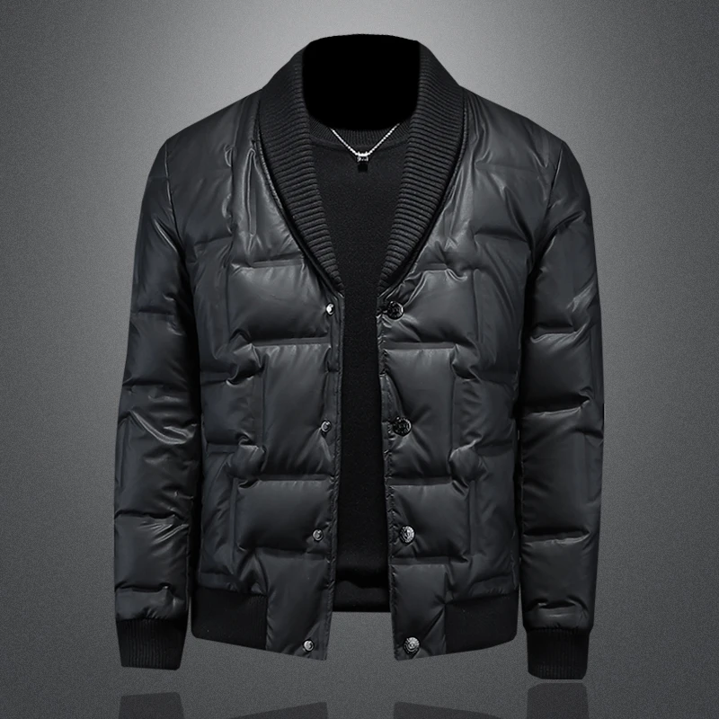 欧洲站亮面羽绒服男装2025冬季新款休闲高档白鸭绒针织领大码外套