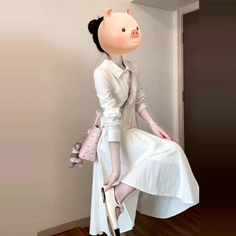 法式温柔白色长袖衬衫连衣裙子女春秋季2025新款绝美收腰长裙1931