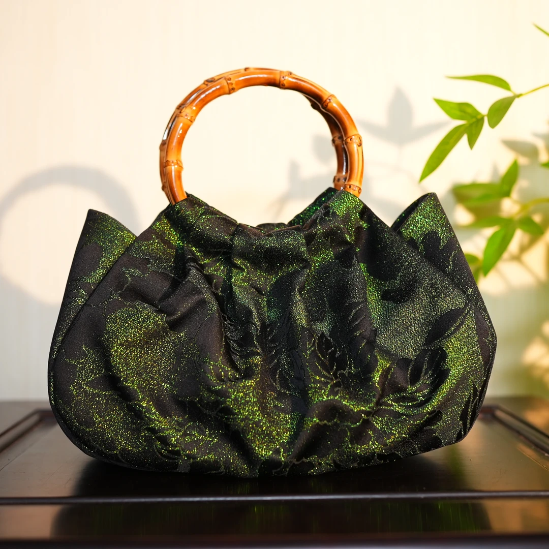 【黑色织彩金云朵包】正绢面料 竹节手柄8-2