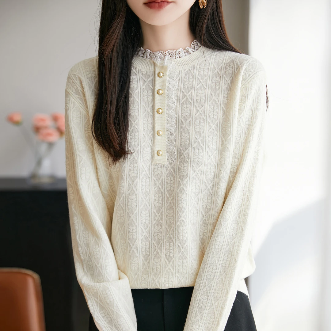 微胖mm春秋大码女士毛衣遮肚子显瘦蕾丝上衣内搭可外穿针织打底衫