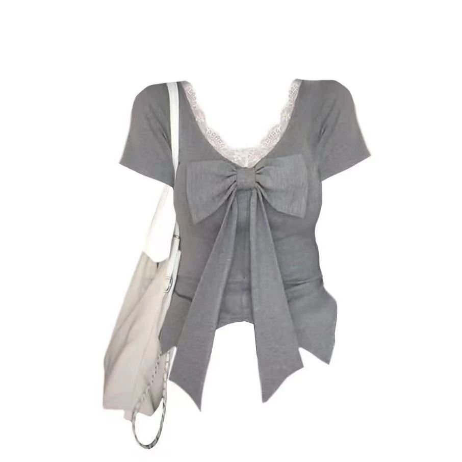 【浪漫甜茶】特鲁推荐蕾丝花边蝴蝶结短袖T恤收腰显瘦正肩上衣