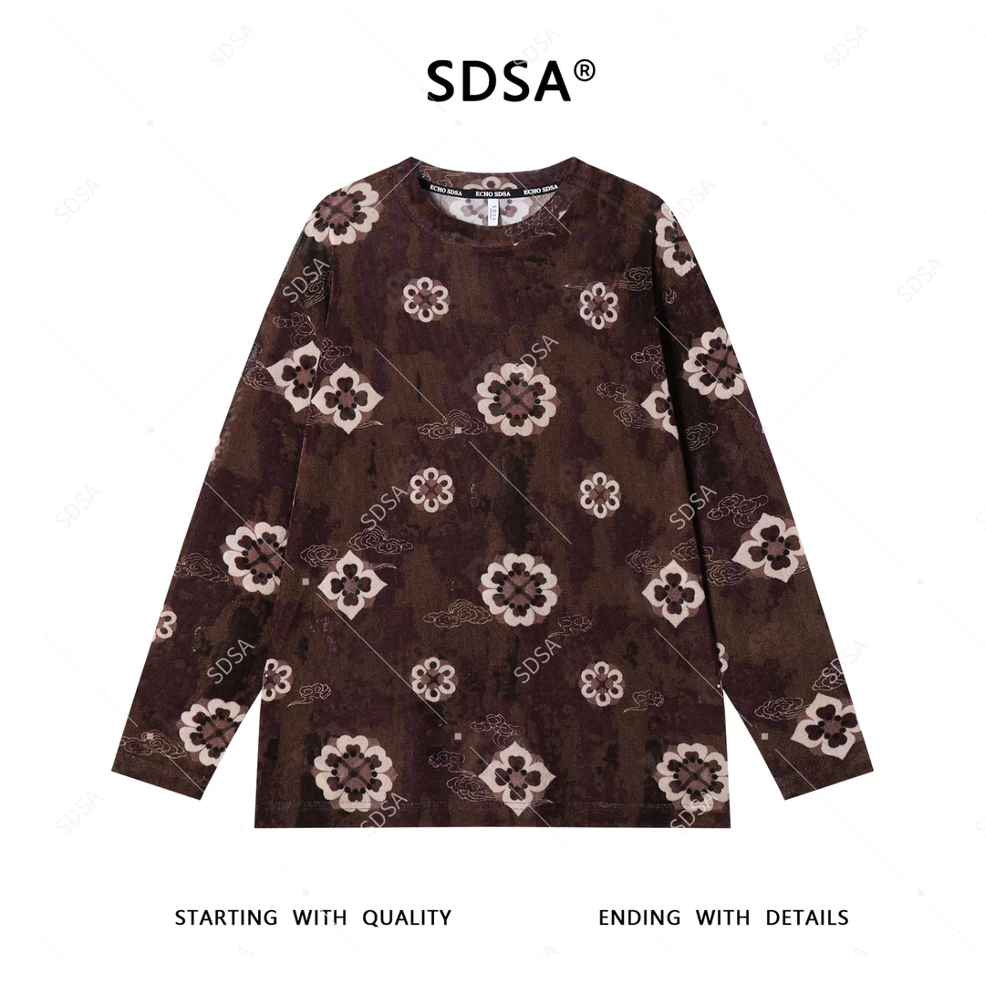 SDSA夏季新款男士痞帅美式扎染满印抽象花朵圆领长袖T恤复古百搭