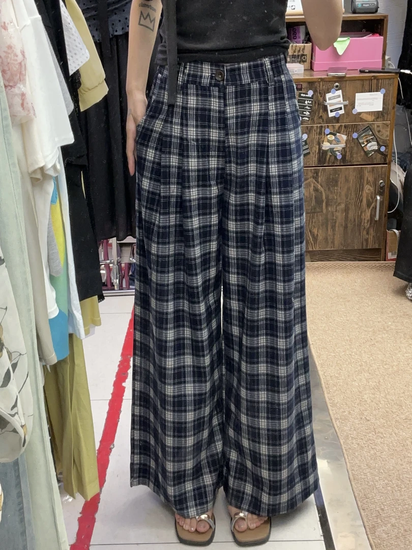 秋季新款格子西装阔腿裤复古格纹高腰垂感显瘦直筒休闲拖地裤