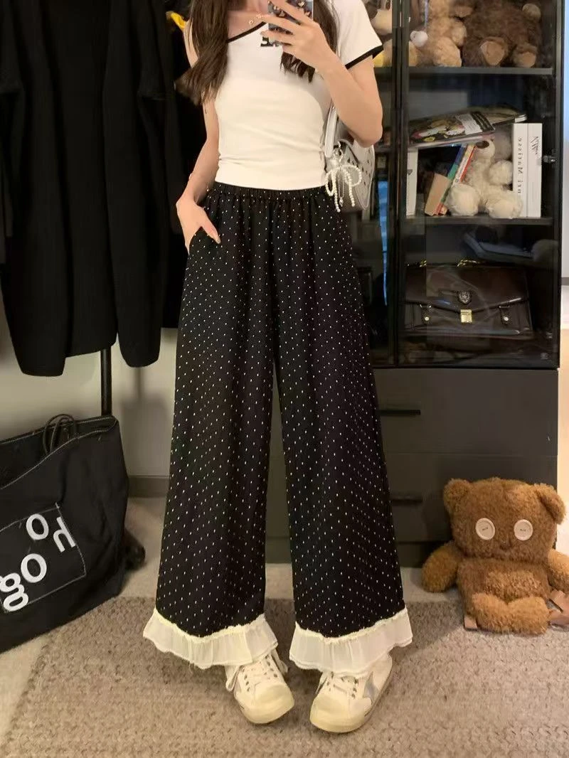 冰丝速干波点阔腿裤女夏季薄款小个子高腰显瘦蕾丝花边九分直筒裤