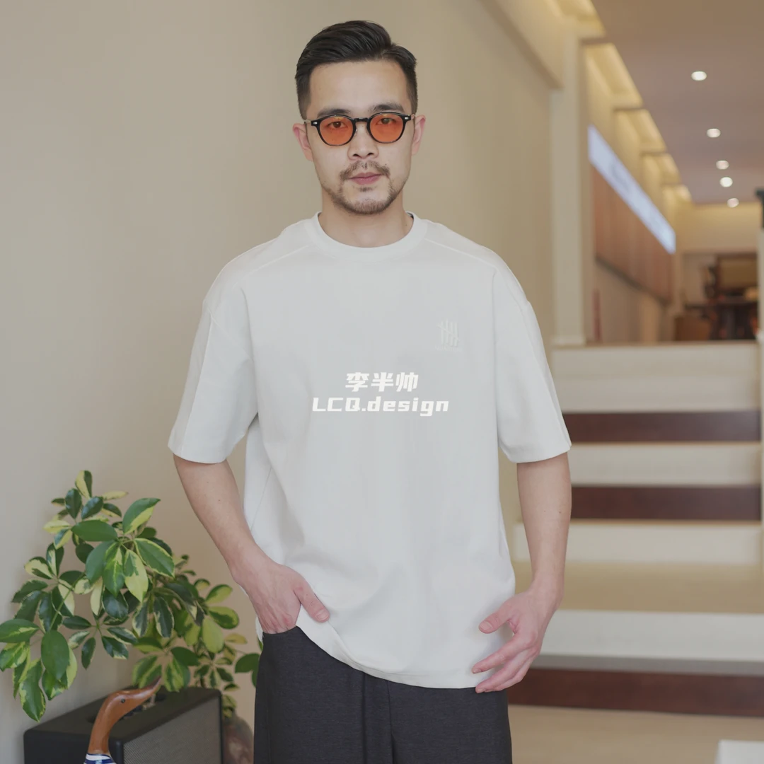 夏季纯色轻薄弹力短袖立体褶皱落肩休宽松短袖男刺绣T恤