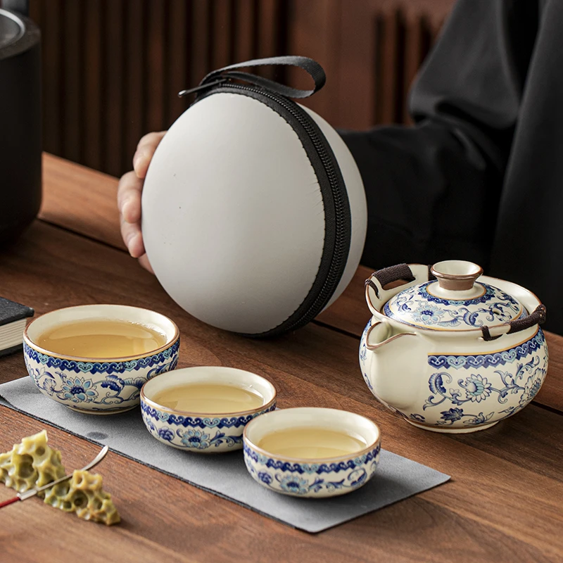 汝窑青花手抓壶盖碗防烫泡茶壶碗茶杯户外便携式旅行茶具一壶三杯