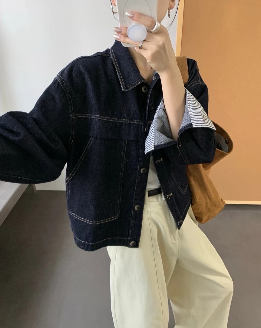 FUJIA STYLE新款气质休闲百搭时尚复古拼条纹牛仔外套N5296