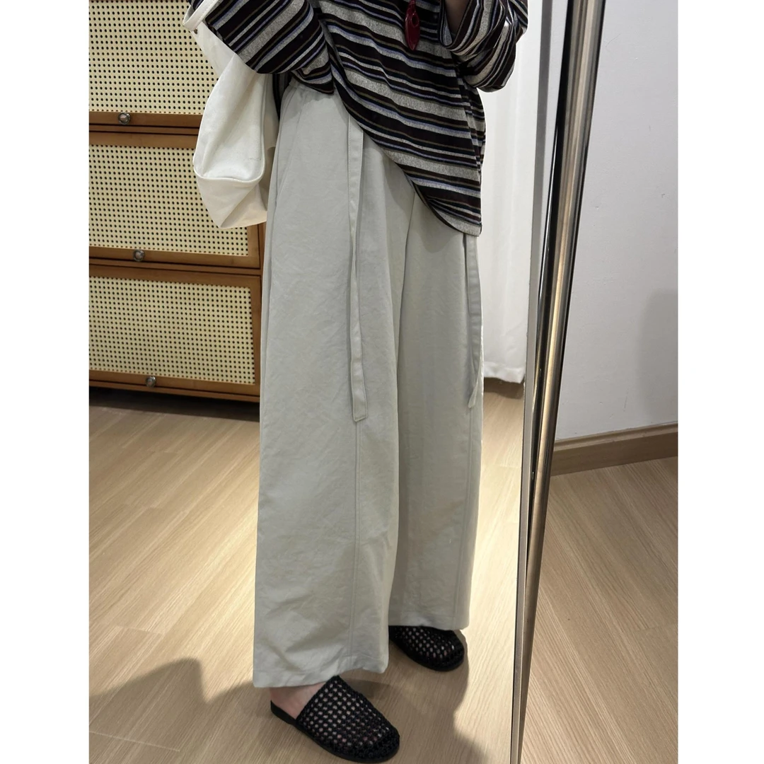 韩版设计感抽绳飘带阔腿裤高腰显瘦遮胯直筒裤小个子休闲弯刀裤女