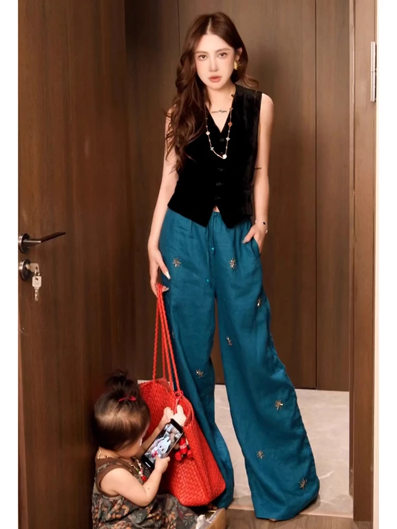 巨好看夏日贵气感御姐穿搭休闲黑色无袖马甲孔雀蓝亚麻裤子套装女