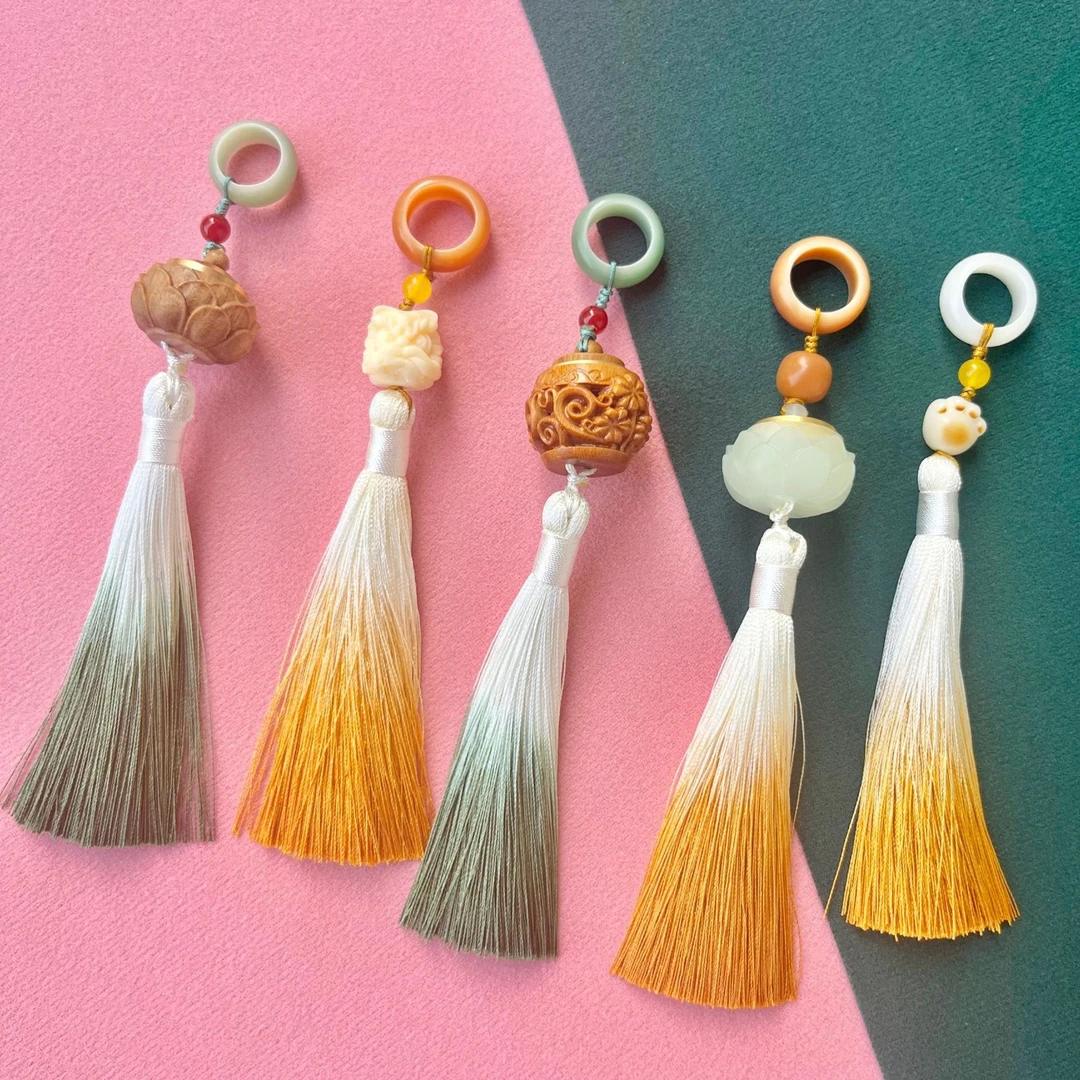 古风白菩提跑环吊坠绿渐变色流苏莲花手持穗子佛珠手串吊穗配饰