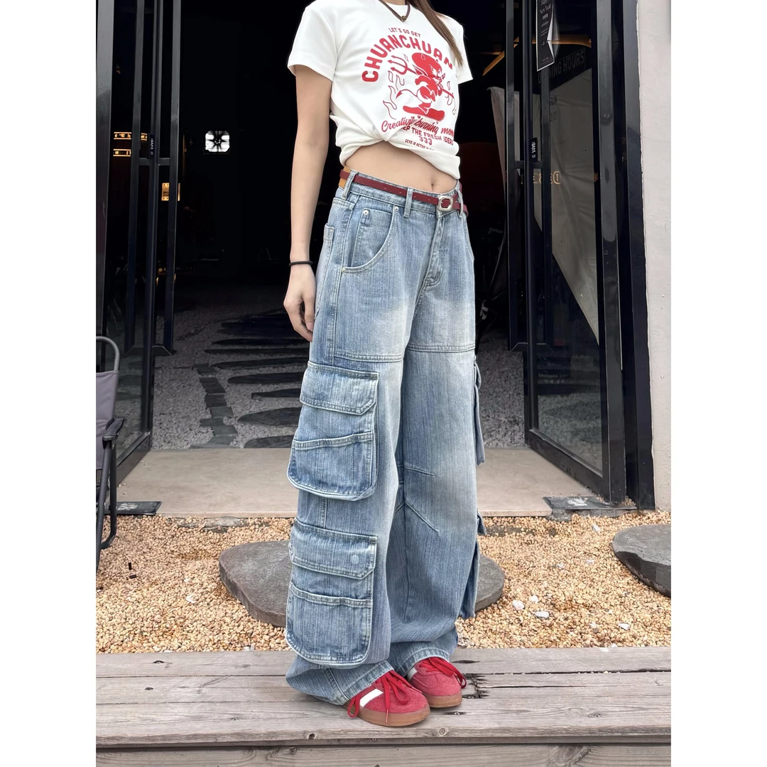 XFX 美式复古宽松多口袋牛仔工装裤女阔腿直筒高街cleanfit拖地裤