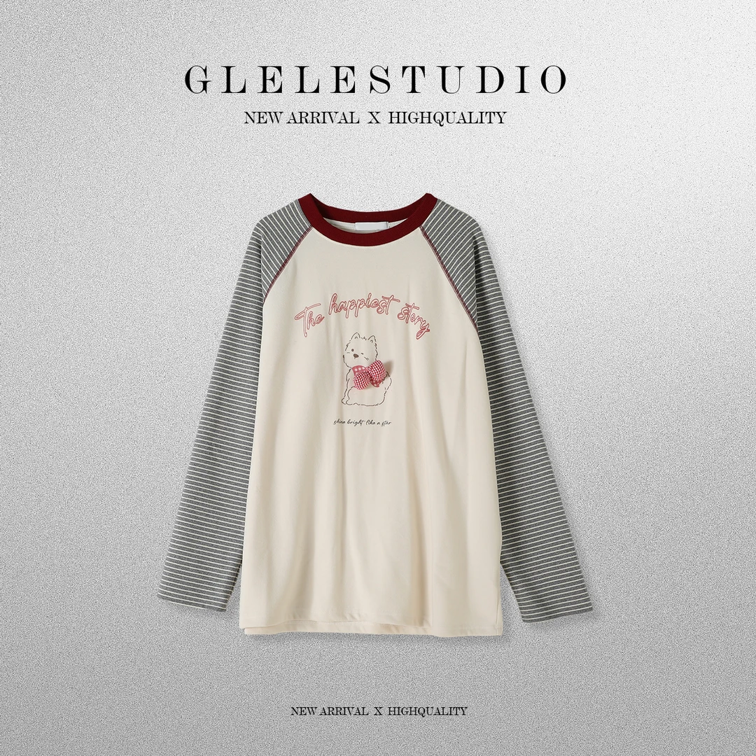 Glele私服「狗狗T」韩系撞色条纹蝴蝶结狗狗长袖T