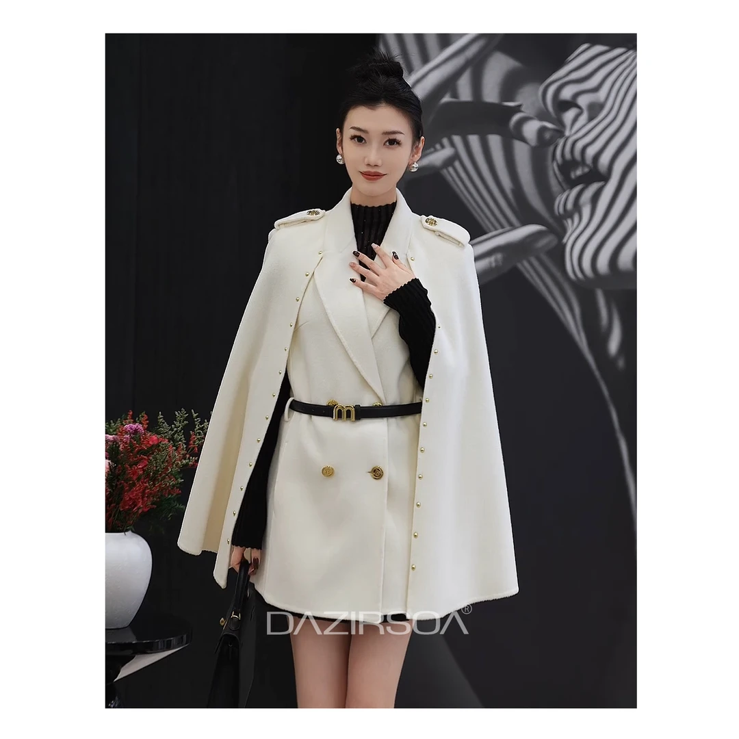 “高雅格韵”骑士风拼接金扣腰带斗篷大衣外套 W295