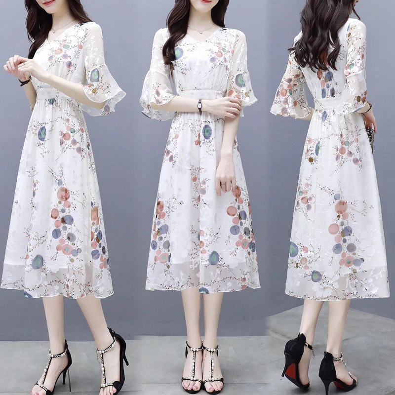 雪纺连衣裙女夏季气质中长款温柔裙超仙显瘦收腰碎花裙子