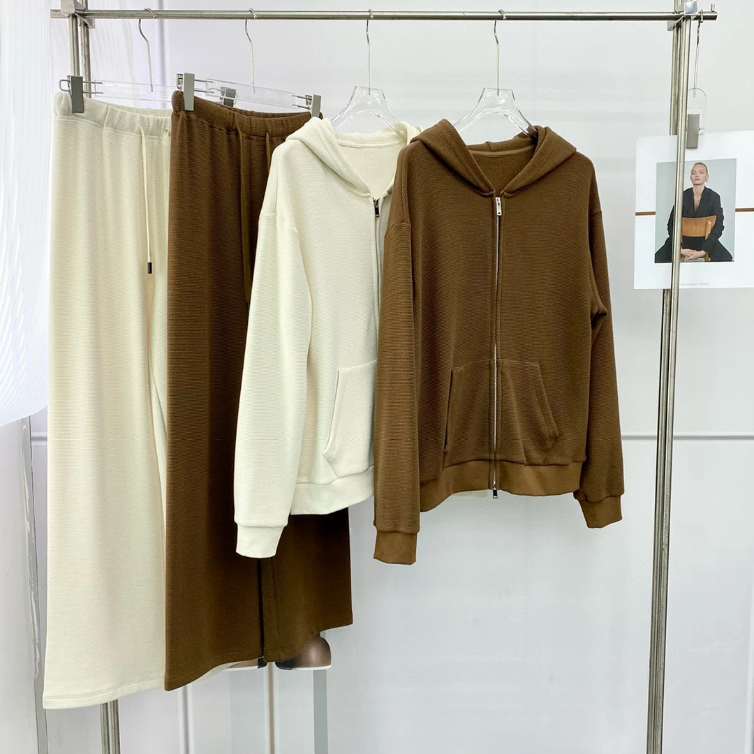 25春秋新品高级感女款华夫格运动套装华夫格卫衣加阔腿裤舒适休闲