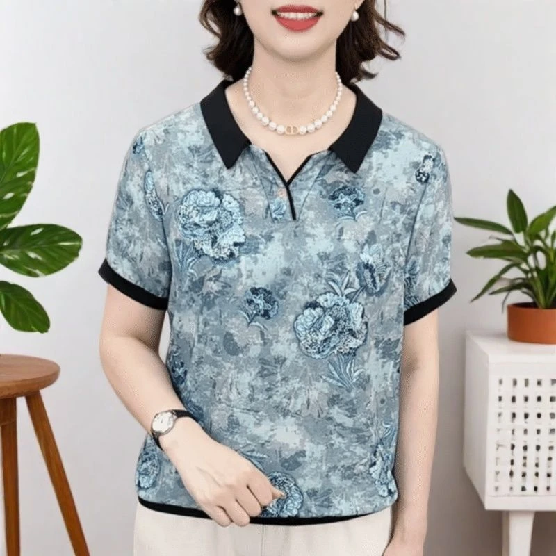 夏新款精致翻领潮流印花气质妈妈装宽松百搭休闲短袖T恤撞色上衣
