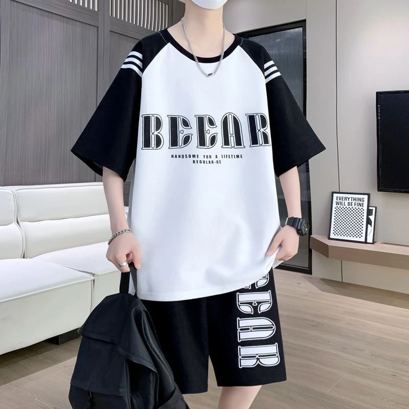 2025夏季新款抗起球青少年帅气短裤男透气潮流套装短袖运动两件套