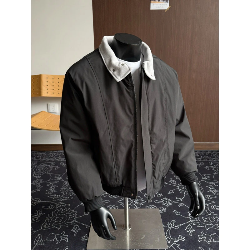 美式复古撞色加厚立领棉衣男冬季潮牌翻领派克服夹克工装棉服外套