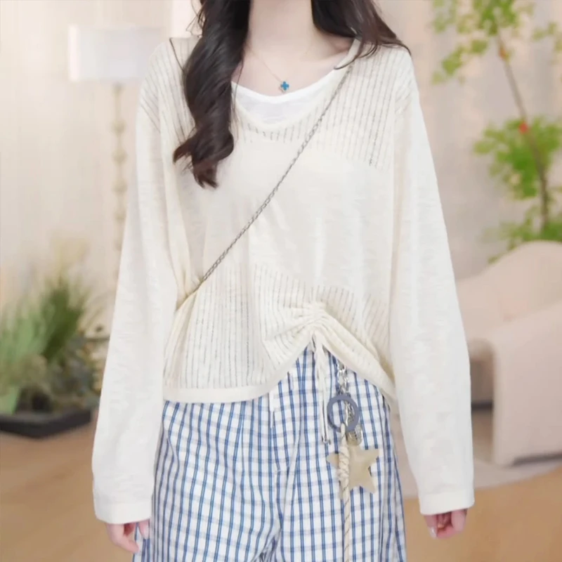 2025年早秋新款韩版时尚抽绳假两件针织衫女显瘦简约风圆领上衣潮
