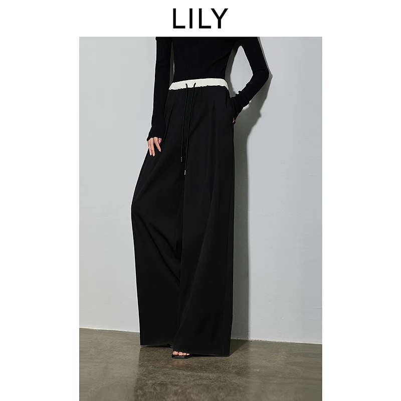 LILY时尚简约拼接松紧腰高腰显瘦宽松直筒阔腿休闲裤124149C5932