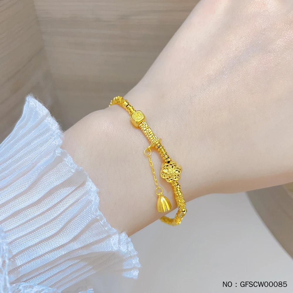 足金999 古法莲蓬吊饰六相花铜钱造型筛子花形盘缠金手链弹力绳手