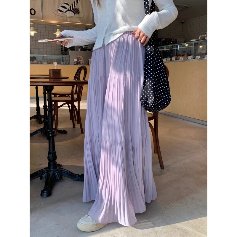 紫色温柔风甜美压褶纱裙半身裙女胖mm春夏大码垂坠感大摆裙A字裙