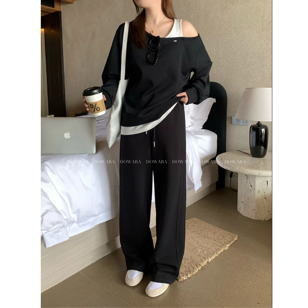 大婉酱微胖定制韩系纯色简约休闲裤春季高腰百搭直筒阔腿裤 6464D