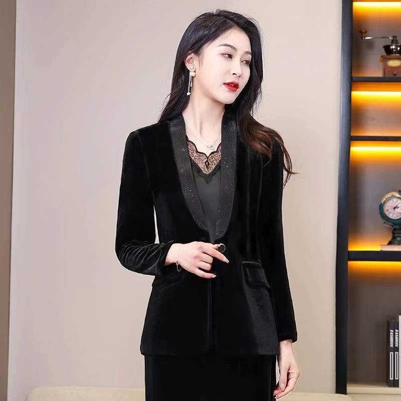 3009春秋季新品时尚修身显瘦百搭围巾领丝绒小西装休闲轻奢气质款