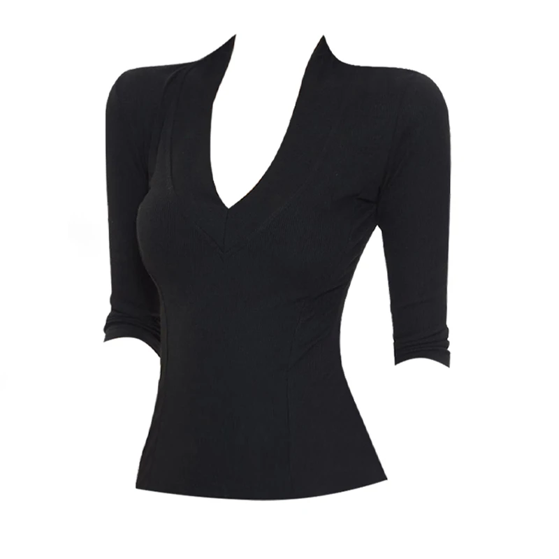 辣妹风黑色V领中袖T恤女春季新款显瘦修身百搭上衣舒适正肩打底衫