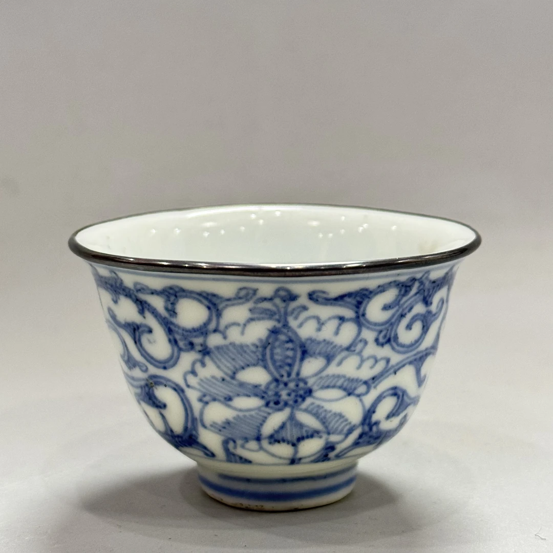 德化 青花线描缠枝花卉纹杯 包银口 口径7