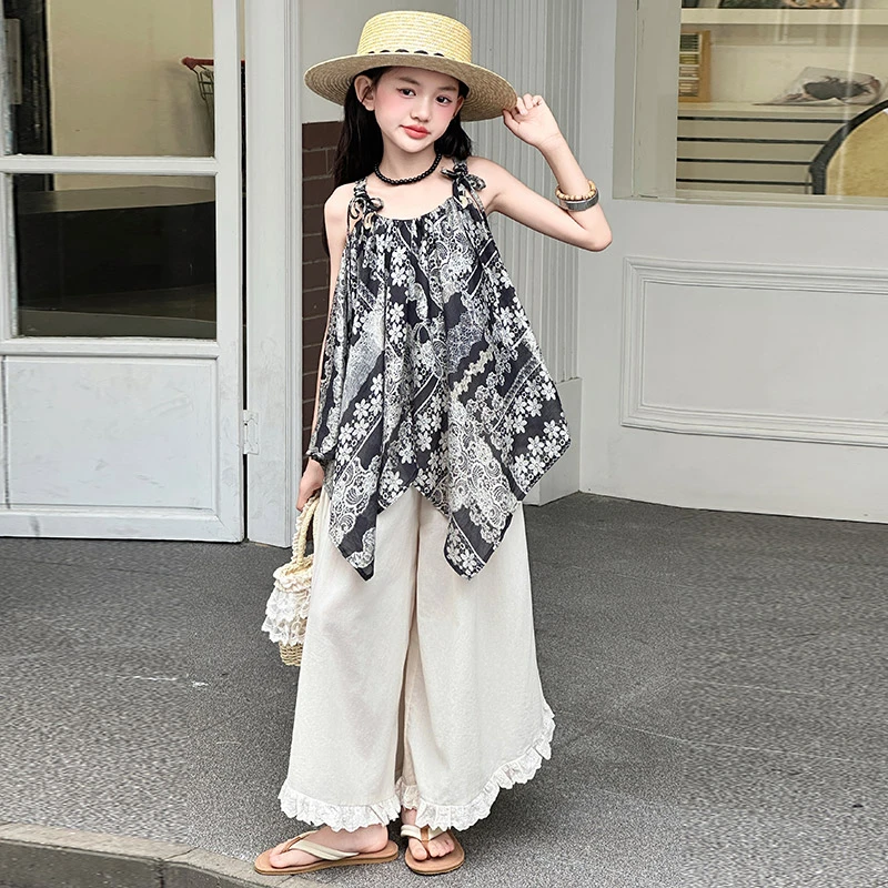 女童夏装2025新款儿童洋气时髦吊带套装大童女孩网红阔腿裤两件套