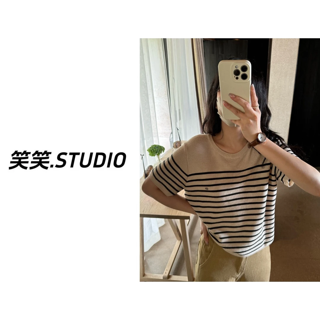 笑笑-【鸡蛋金属条纹T】韩版亚麻条纹针织短袖上衣百搭宽松显瘦