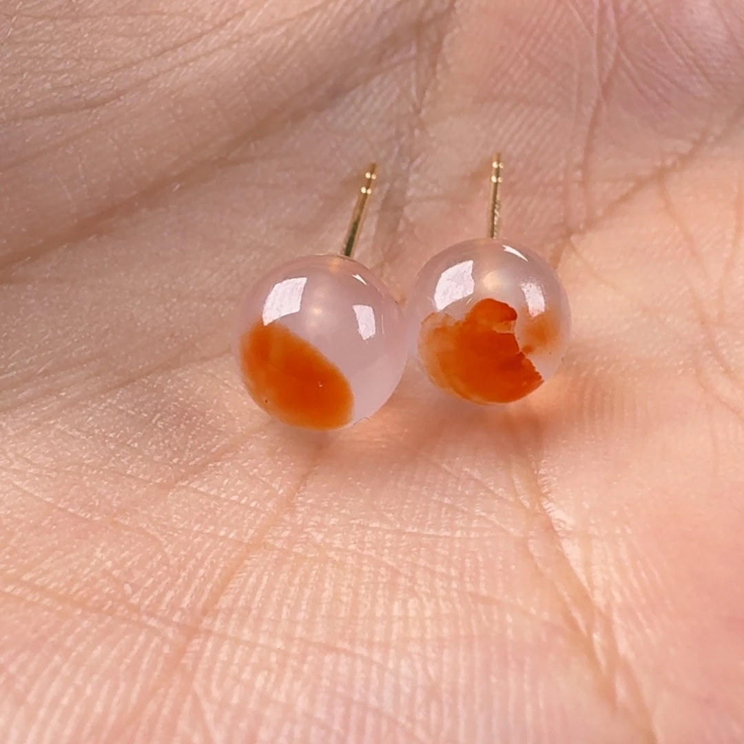 南红玛瑙南红18K金镶嵌冰飘耳钉