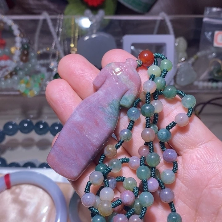 天然A货盐源玛瑙毛衣链特色颜色好手工巧雕旗袍吊坠350