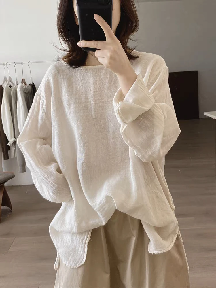 圆领衬衫女式春夏季新款宽松大码显瘦简约小众设计感减龄苎麻上衣