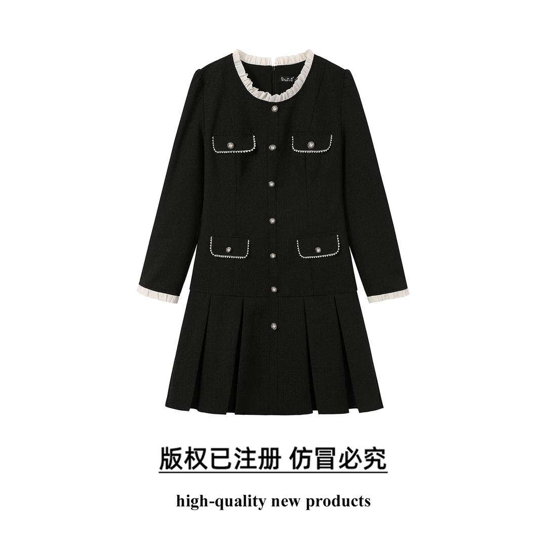 奢姿大码女装2025秋季名媛气质百褶裙子胖妹妹赫本小香风连衣裙