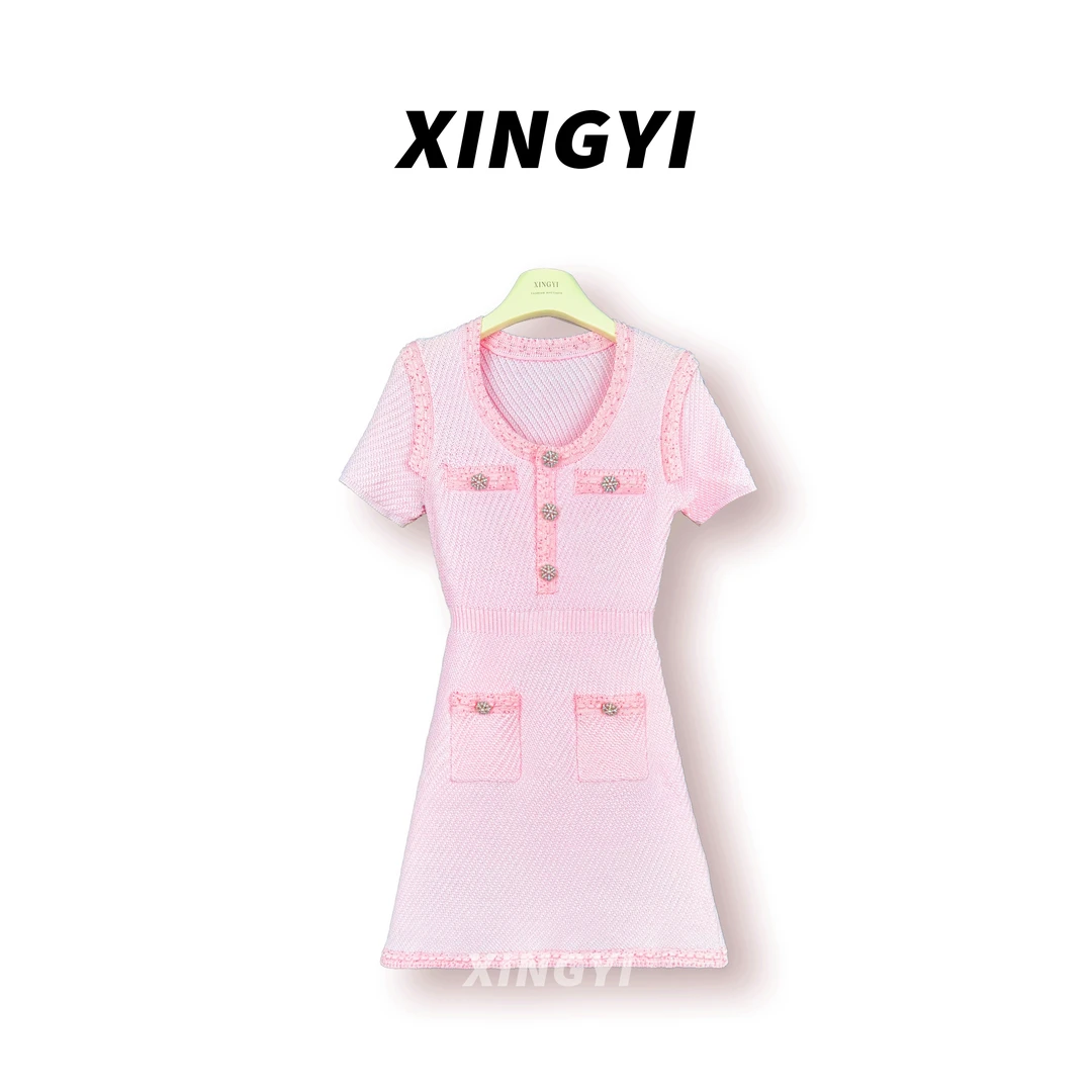 『XINGYI』赵丽颖同款收腰法式温柔甜美粉色针织裙XY9391